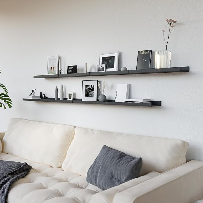 RICHER HOUSE 8-Set Floating Shelves with Lip, Black Wall Mounted Wood Shelf | Display Picture Ledge Shelf, Anti-drop lip Shelf for Room Wall Decor, Bedroom Bathroom Storage Nursery Hanging Book Shelves - Image 4
