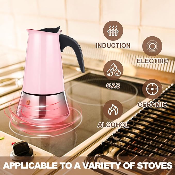 4 Cup Stovetop Espresso Maker Stainless Steel Moka Pot Stove Top Percolator Italian Coffee Makers Capable Mocha Greca Machine Cafe Classic Induction Cookers for Home and Camping 200ml 6.6oz - Image 5