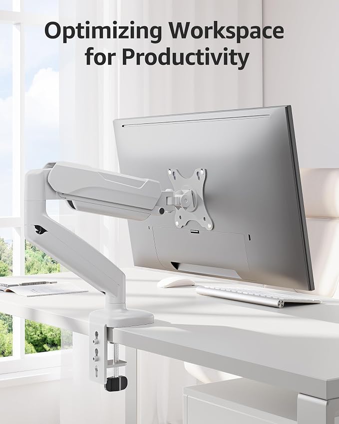MOUNTUP Single Monitor Desk Mount Holds Screen up to 32 inch, Height Adjustable Monitor Arm, Full Motion Computer Monitors Stand with Clamp/Grommet Base, VESA Mounts Fit 4.4-17.6lbs Computer, White - Image 9