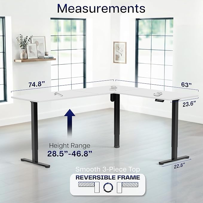 VIVO White 75 x 63 in Corner Standing Desk, DESK-E3CTBW-75 | Electric, Large Reversible L-Shaped Table, Sit Stand Height Adjustable, Memory Controller, Office Furniture Sets, Black Frame - Image 5