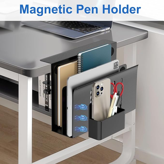 HAMOPY Desk Side Storage, 2 Tier Steel Hanging Desk Organizer with Magnetic Pen Holder, No Drilling Standing Desk Drawer Cable Management Tray, Under Desk Laptop Holder for Office, School&Home (Black) - Image 7