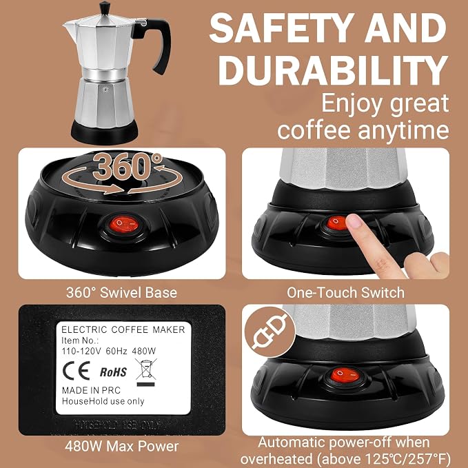 Electric Moka Pot, 3 or 6 Cup Espresso Coffee Maker, Silver | Food-grade aluminum, dose reduction plate, boil-dry protection, auto-stop, detachable base, for Cuban and Italian coffee - Image 3