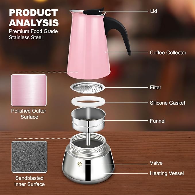 6 Cup Stovetop Espresso Maker Stainless Steel Moka Pot Stove Top Percolator Italian Coffee Makers Capable Mocha Greca Machine Cafe Classic Induction Cookers for Home and Camping 300ml 10oz - Image 4