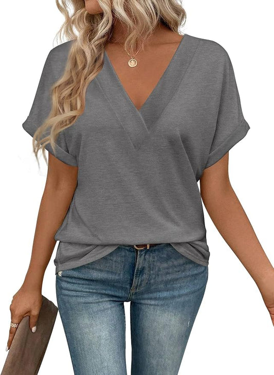 T Shirts Short Sleeve V Neck Tees Womens Tops Beach Vacation Fashion Clothes 2026 Casual Summer Spring Fall Outfits by EyMuseWomensTops