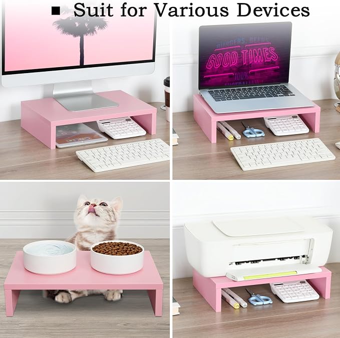 TEAMIX Pink Monitor Stand Riser-2 Pack,Wood 2 Tier Adjustable Monitor Stand Dual Monitor Riser for 2 Monitors/Laptop/PC Computer Stand for Desk - Image 6