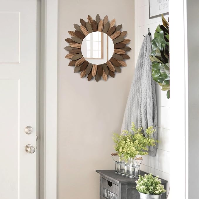 Honiway Boho Wall Decor Mirror 2 Pack 12 inch Rustic Wood Decorative Mirror for Room Decor Rustic Farmhouse Wall Decor for Bedroom Bathroom Living Room Entryway Tril Color - Image 7
