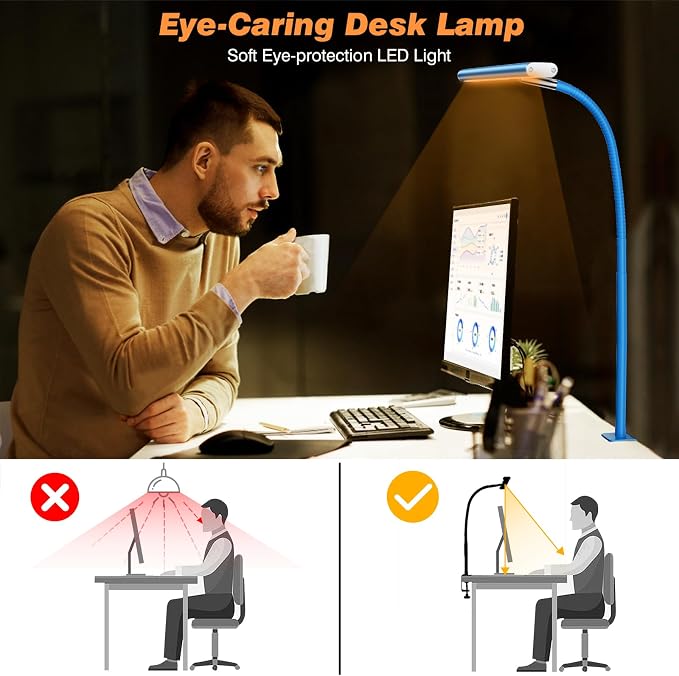 Airlonv LED Desk Lamp for Office Home, Eye-Caring Desk Light with Stepless Dimming Adjustable Flexible Gooseneck, 10W USB Adapter Desk Lamp with Clamp for Reading, Study, Workbench (Blue) - Image 6