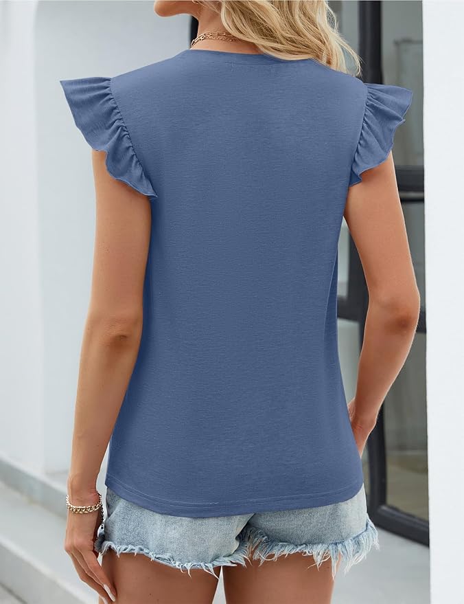 JUSTFASHIONNOW Womens Summer Tops Striped T-Shirts 2026 Ruffle Short Sleeve Crew Neck Casual Blouses with Pocket - Image 5