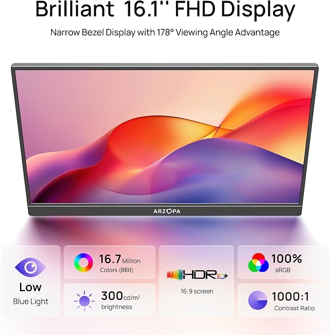 ARZOPA 16.1" Portable Monitor, 100% sRGB FHD 1080P Kickstand Portable Laptop Monitor High Color Gamut Display IPS Eye Care Screen for High-end Office & Entertainment -Z1C - Image 4