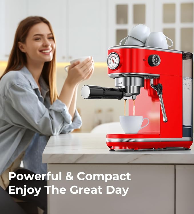 atatix 20 Bar Espresso Machine with Milk Frother, Compact Espresso Maker | Stainless Steel Coffee Machine with Precise Temp Control & 44oz Removable Water Tank for Latte, Cappuccino, Red - Image 8