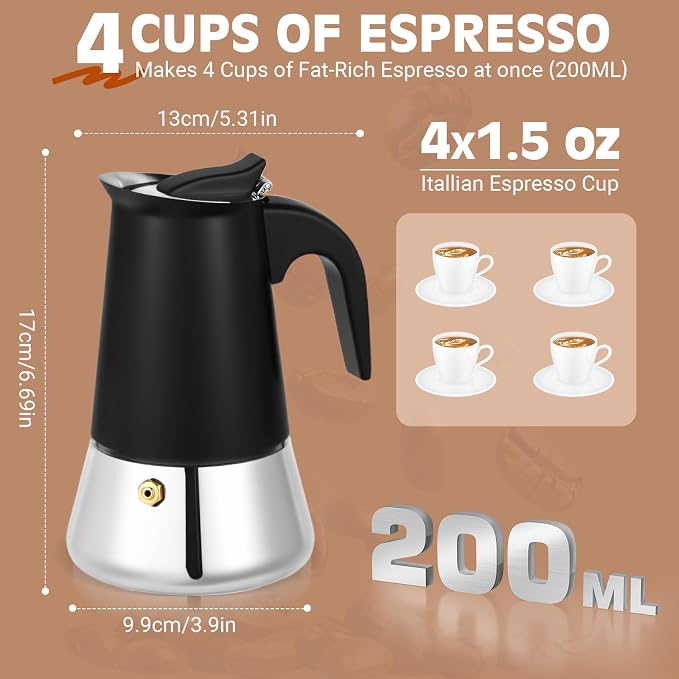 4 Cup Stainless Steel Moka Pot, 200ml Stovetop Espresso Maker, Black - Image 6
