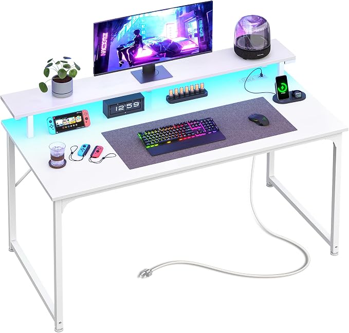 PRAISUN 40 inch Gaming Desk, LED & Power Outlets, Monitor Stand, White | Sturdy PC Desk for Home Office, Study & Work, LED Lights, 4 AC Outlets & USB-C Charging Station by PRAISUN