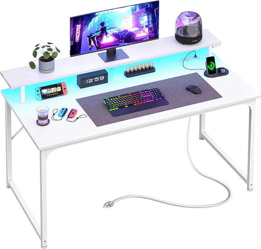 PRAISUN 40 inch Gaming Desk, LED & Power Outlets, Monitor Stand, White | Sturdy PC Desk for Home Office, Study & Work, LED Lights, 4 AC Outlets & USB-C Charging Station by PRAISUN