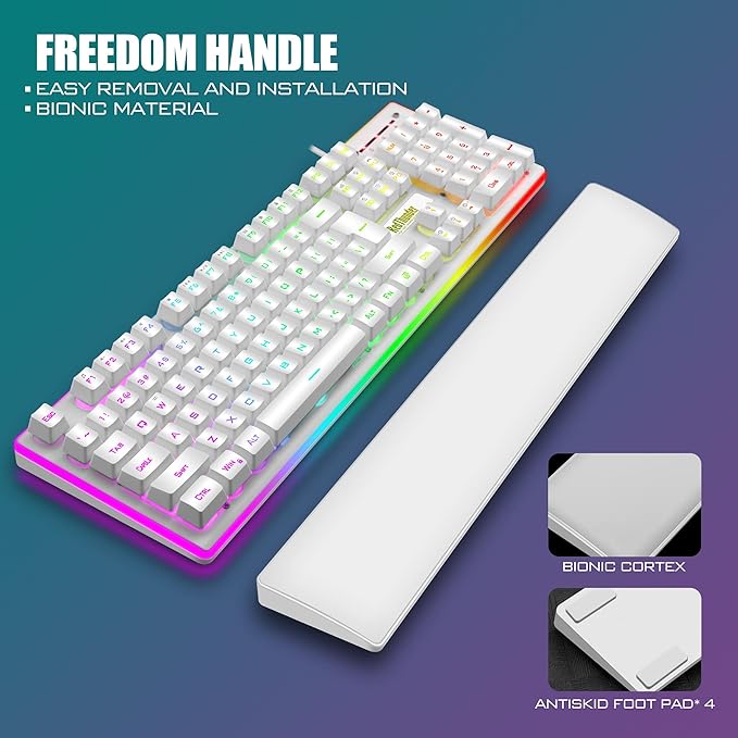 RedThunder K10 Wired Gaming Keyboard and Mouse and Wrist Rest Combo, RGB Backlit, Mechanical Feel Anti-ghosting Keyboard + 7D 7200 DPI Mice+Soft Leather Wrist Rest 3 in 1 PC Gamer Accessories(White) - Image 4
