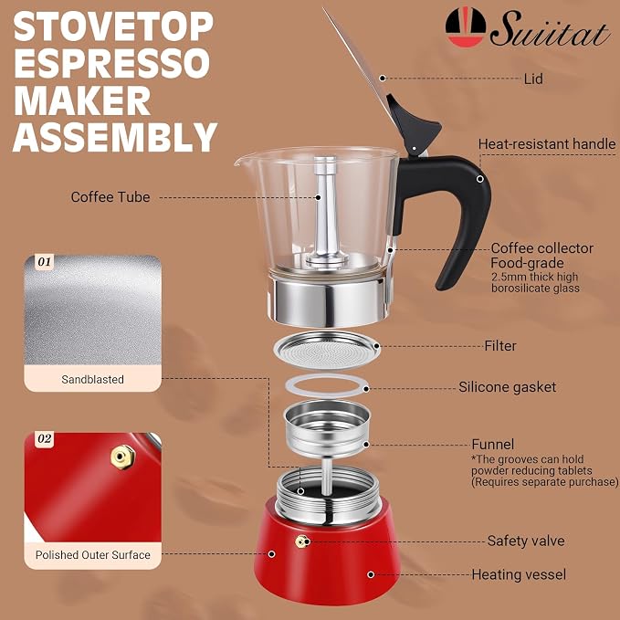 6 Cup 300ml Glass Moka Pot, Stovetop Espresso Maker, Red | Crystal Glass-top & Stainless Steel Coffee Maker, Induction Compatible, for Greca de Cafe, Cuban and Italian Coffee Brewing - Image 2