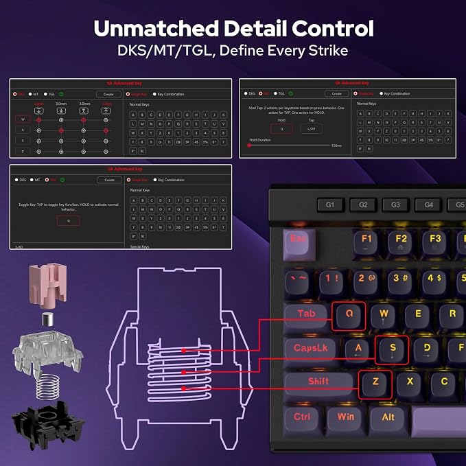 Redragon K580 Wired RGB Hall-Effect Magnetic Gaming Keyboard, Media Wheel | 0.1mm Adjustable Actuation for Valorant & FPS Stop-Shoot Precision, Zero Input Delay, 8K Polling, Fast Onboard Combo G Keys - Image 6