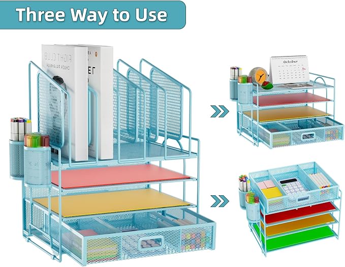Marbrasse Desk Organizers, 4-Tier Mesh Desk File Organizer with 5 Vertical File Holders and 2 Pen Holders, Multifunction Desktop Organizer,Desk Organizers and Accessories for Home Office (Blue) - Image 4