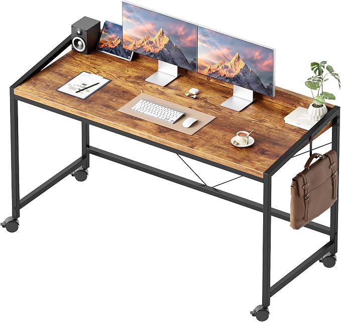 Mericonia 47x20 Inch Small Computer Desk with Wheels & Rear Lip | Simple Rolling Desk, Writing Table for Home Office Bedroom Work Study, Brown by MERICONIA