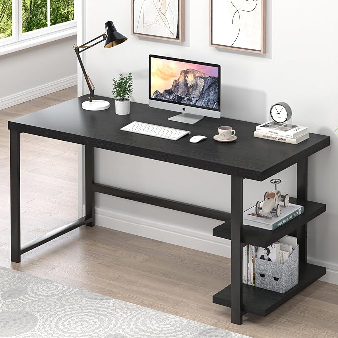 EXCEFUR Black Desk, Modern Computer Desk for Home Office, Metal Wood Writing Study Table Workstation with Storage Shelf for Living Room, Bedroom, 53 Inch by EXCEFUR