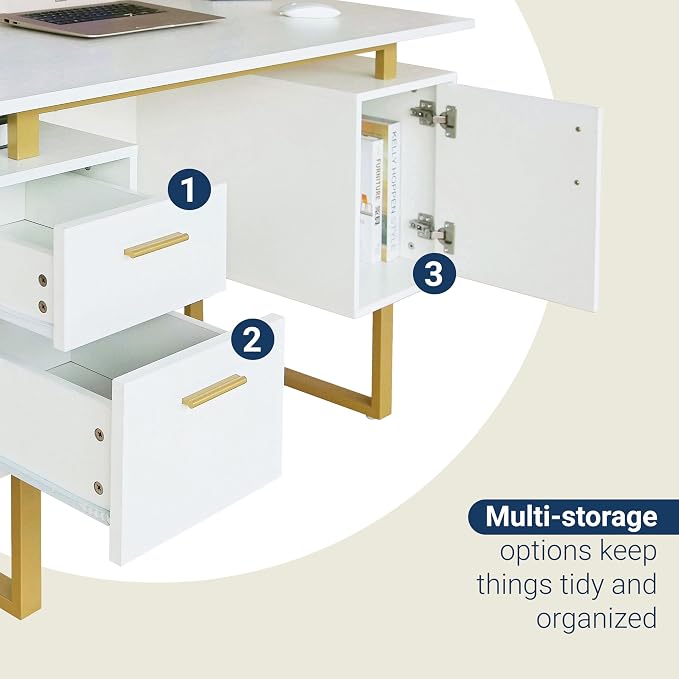 Techni Mobili Storage Drawers and Cabinet 51.25” W-Modern Office Large Floating Desktop Surface Desk, 23.6" D x 51.2" W x 29.8" H, White/Gold | Home office workstation, durable construction, everyday productivity, Ideal for home office, Workspace organ... - Image 5