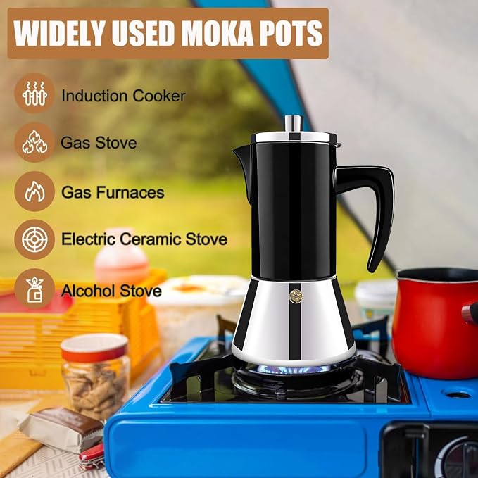 6 Cup Thickened 304 Stainless Steel Moka Pot Stovetop Espresso Maker Cafeteras Italian Percolator Espress Makers Capable Greca Mocha Coffee Machine for Induction Home and Camping 300ml 10oz - Image 5