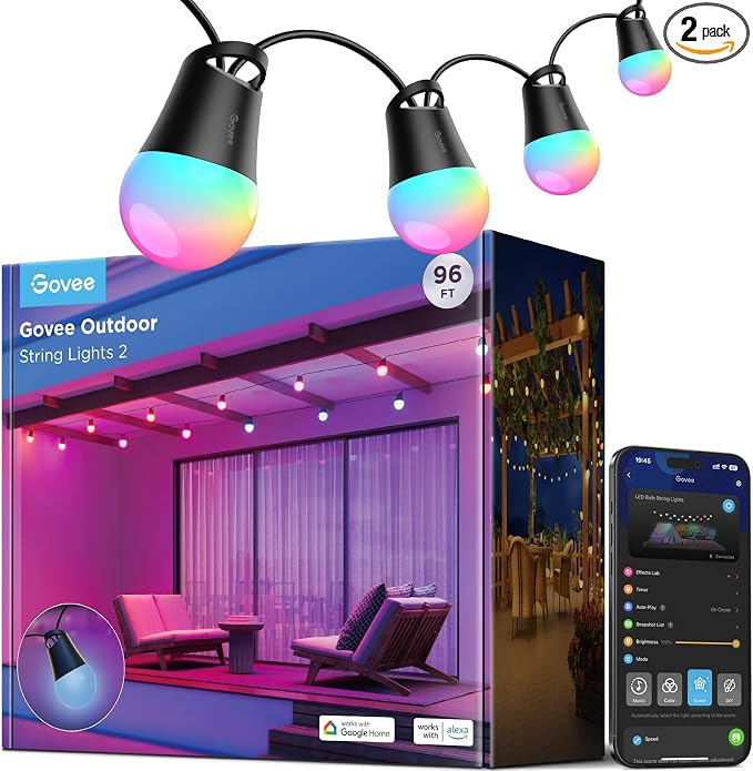 Govee Smart Outdoor String Lights 2, 96ft RGBIC Patio Lights with 30 Bulbs | Dimmable Warm White LED Bulbs, IP65 Waterproof, 47 Scene Modes for Backyard, Balcony, Work with Alexa, App Control by Unknown