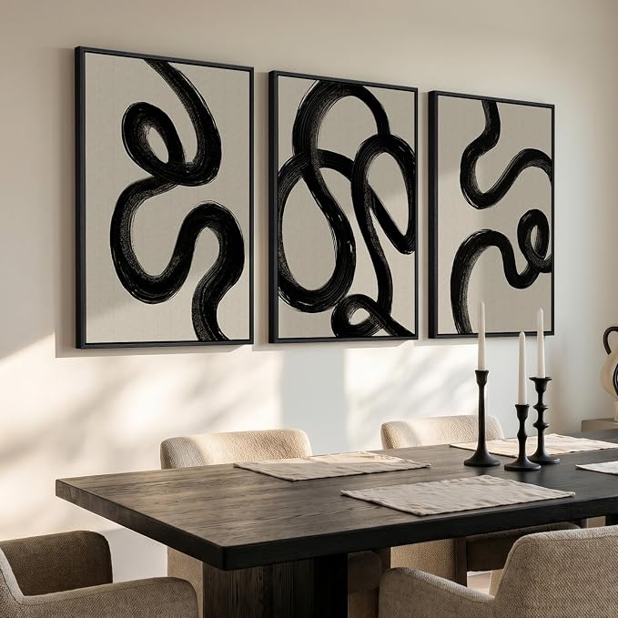 Large Framed Black and White Abstract Wall Art for Living Room, Set of 3 Modern Minimalist Canvas Prints Paintings Artwork for Walls, Neutral Pictures Wall Decor for Bedroom Hallway Office, 24x36 In - Image 2