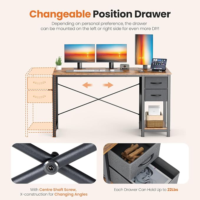 Sweetcrispy 47-Inch Computer Desk with Drawers, Office Desk, Brown | Small Desk for Bedroom Home Office with Side Hook, Modern Simple desk with storage for Writing - Image 5