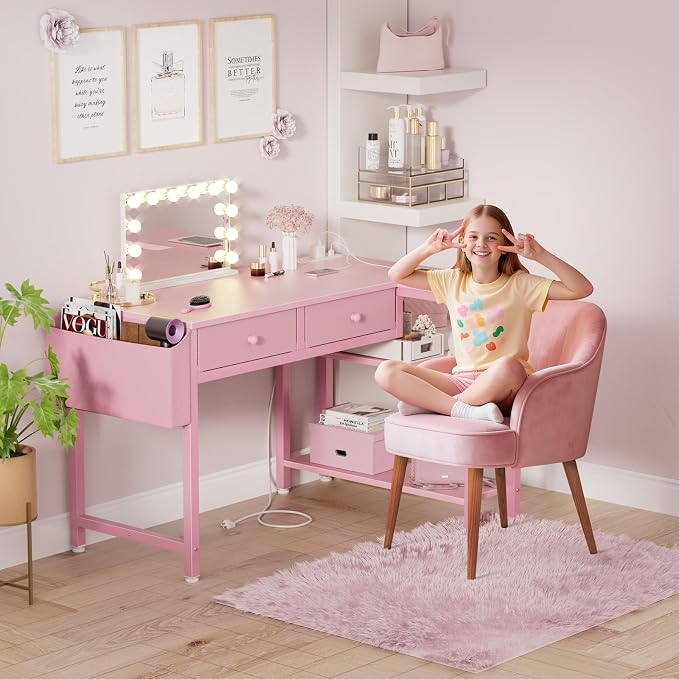 DLisiting Pink Reversible L Shaped Desk with Drawers and Shelves, Small Kids Study Vanity PC Computer Desk with Storage for Girls, Corner L-Shaped Desks for Small Space Bedroom - Image 4