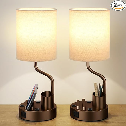 Fenmzee Bedside Lamps for Bedroom Set of 2 - Table Desk Lamp for Nightstand | 15" Table Lamp for Living Room with Pen Holder & Phone Stand, USB A+C Port, AC Outlet, 3 Color Temperature, LED Bulb Included by Fenmzeelighting