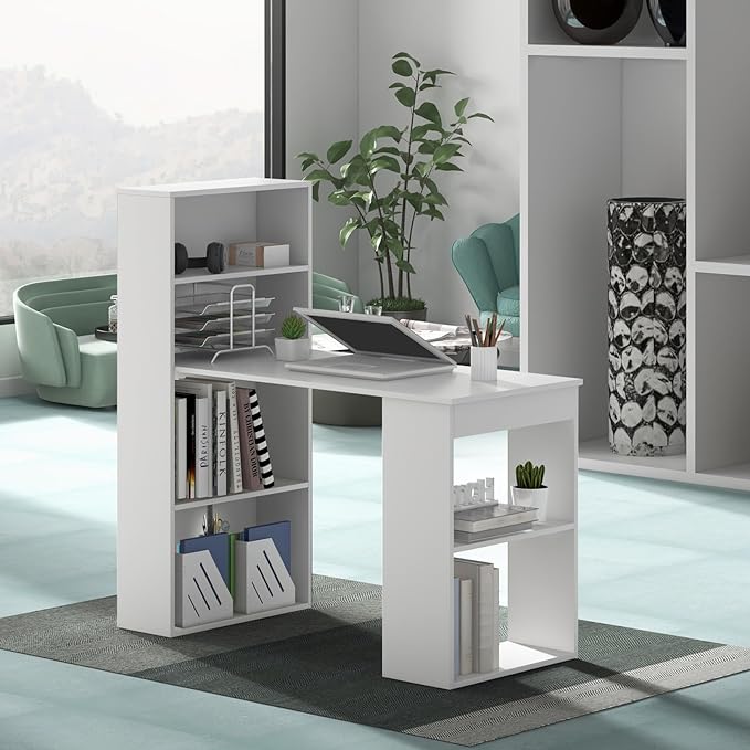 Giantex 48 Inch Computer Desk with Bookshelf, 3-in-1 Home Office Desk with 4-Tier Bookcase & CPU Stand, Space-Saving Reversible Writing Desk Work Table for Bedroom, Study Room, Office (White) - Image 2