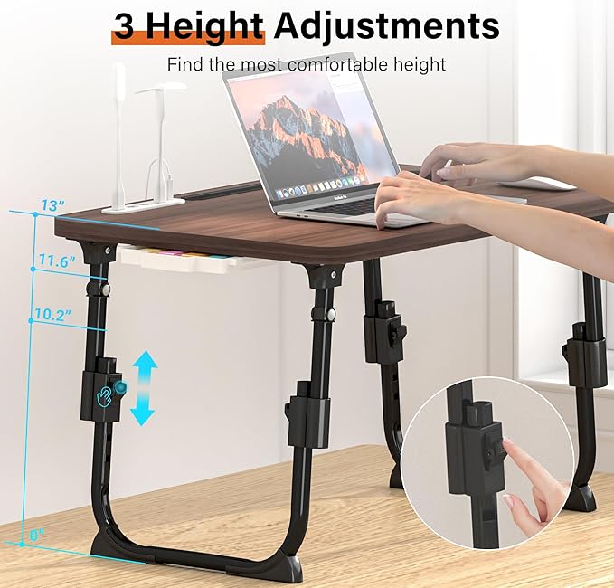 Lap Desk for Bed, Adjustable Laptop Desk with USB Charging Port, Storage Drawer & Bookshelf — Foldable Bed Desk for WFH & Students, 23.6" Desktop Fits 21" Laptop, Non-Slip, Walnut - Image 2