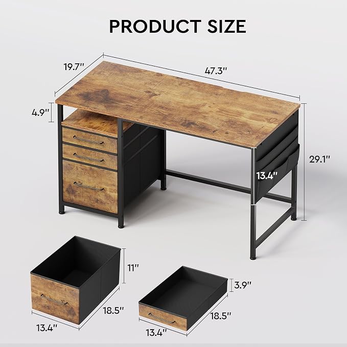 Maihail Small Desk with Drawers, Office Desk with Storage Shelves, Brown2 | 47 Inch Desktop, Metal Frame, 3 Fabric Drawers, Storage Shelves, Computer & Writing Desk, Office Gaming Workstation - Image 5