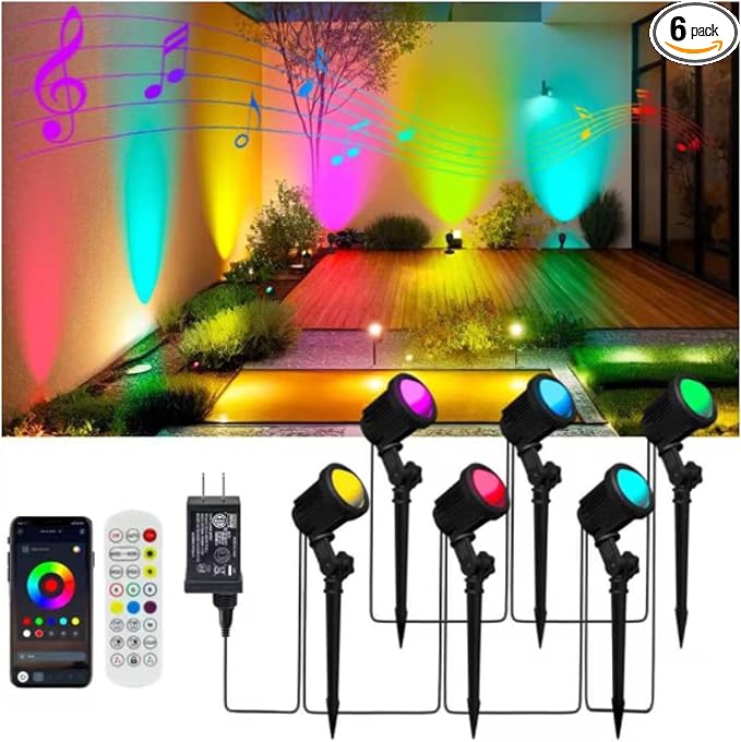 Smart Landscape Spotlights, Low Voltage IP67 Waterproof Outdoor Spot Lights Compatible with APP/Remote Control Color Changing Lights for Yard Garden Pathway Lawn Tree Festival 6 Pack by Unknown