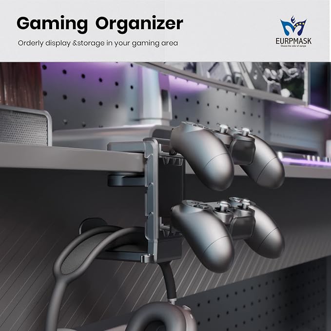 3-in-1 Headset&Controller Holder - EURPMASK Upgraded PC Gaming Headset Stand, Adjustable Clamp-on Headphone Holder,Headphone Controller Hook Under Desk w/ 360 Degree Swivel&Cable Clip Organizer-Black - Image 2