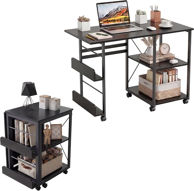 Garvee Folding Desk with Wheels, 31.5" Foldable Computer Desk with Storage Shelf, Space Saving Rolling Home Office Desk for Small Spaces, Portable Writing Table with Side Organizer, Black by Garvee