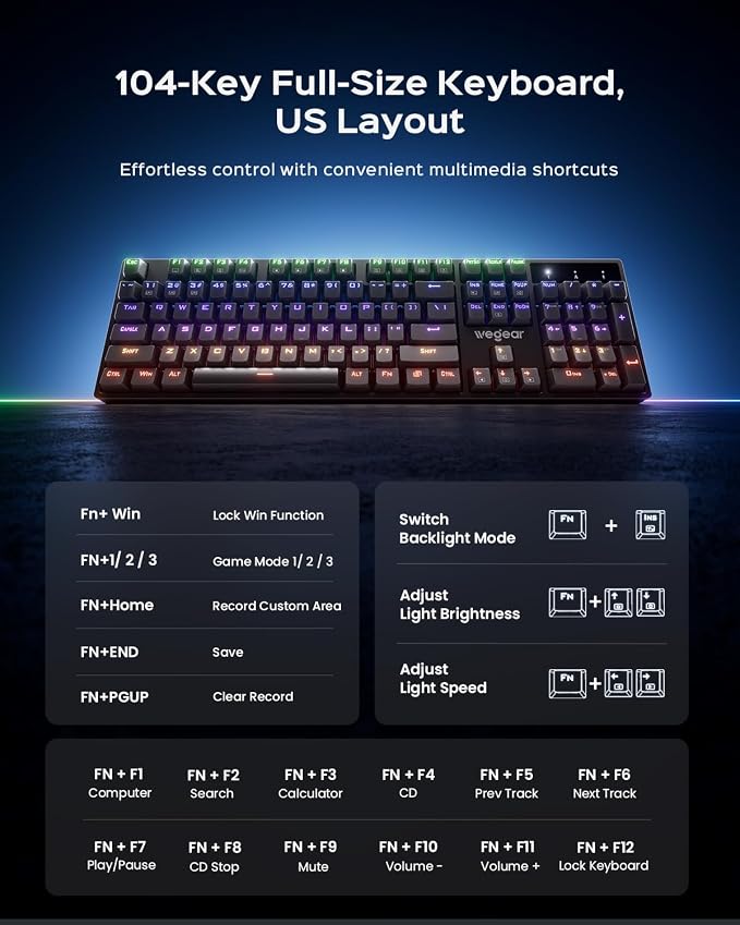 wegear Wired Mechanical Gaming Keyboard with Clicky Switch,104-Key, Black | Full Size, 11 Modes RGB Backlit, Anti-Ghosting, Double-Shot ABS Keycaps, Lighted Computer Key-Board for PC Windows - Image 6