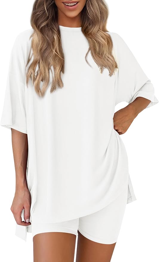 PRETTYGARDEN Women 2 Piece Lounge Set 2026 Summer Casual Oversized Shirts Biker Shorts Matching Airport Travel Outfit Clothes by PRETTYGARDEN