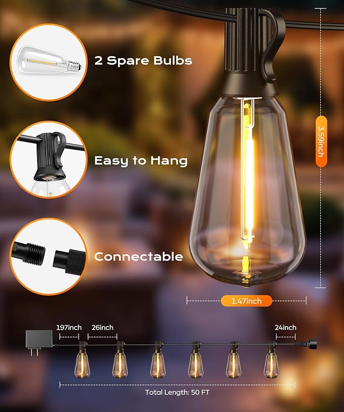 Outdoor String Lights, 50FT Patio Lights for Outside, Smart App & Remote Control with Timer, Dimmable with 4 Scene Modes, Warm White Waterproof LED Bulbs for Garden, Yard and Backyard Decor - Image 7