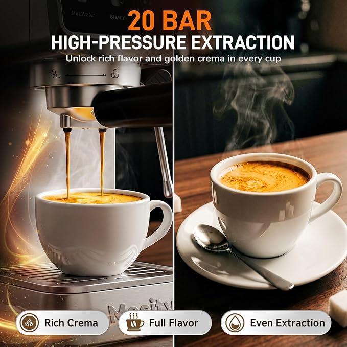 Mecity 20 Bar Espresso Machine with Milk Frother, Touchscreen Coffee Maker for Espresso, Americano & Over Ice Coffee, Compact Stainless Steel Latte & Cappuccino Maker - Image 3