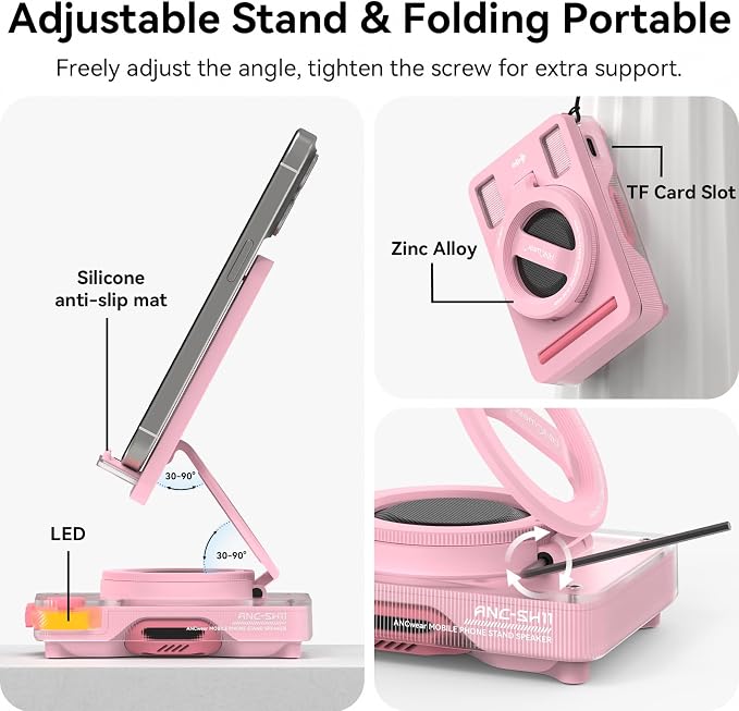 ANCwear Bluetooth Speaker Phone Stand for Desk, Portable Wireless Speaker with Adjustable Cell Phone Holder, Bluetooth 5.4 Audio Stand with TF Card Slot for Kitchen Bedside, Cool Tech Gift (Pink) - Image 2