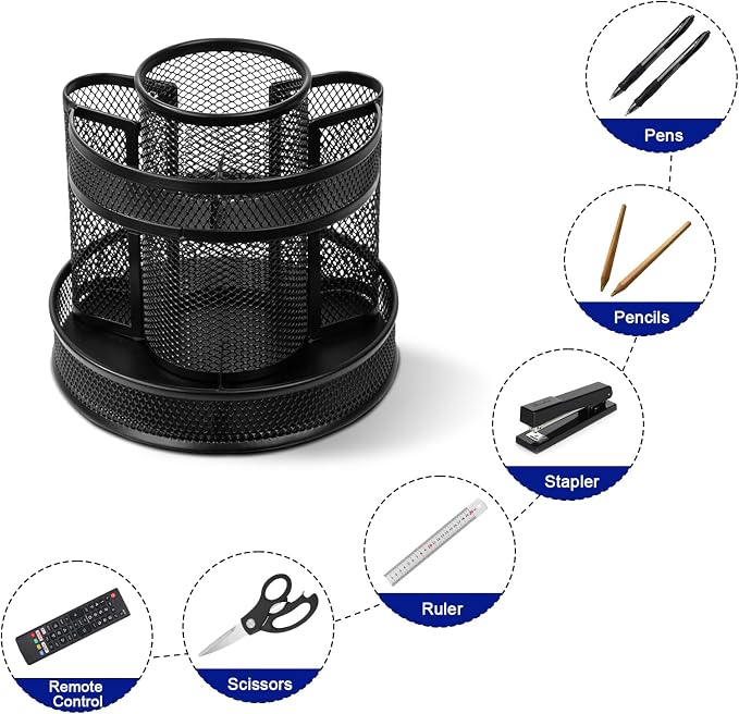 Comix Mesh 360° Rotating Pen Holder, Desk Organizer for Home Office, Black | 5 Compartment Pencil Holder, Sticky Notes Holder, Pen Organizer Office Supplies - Image 6
