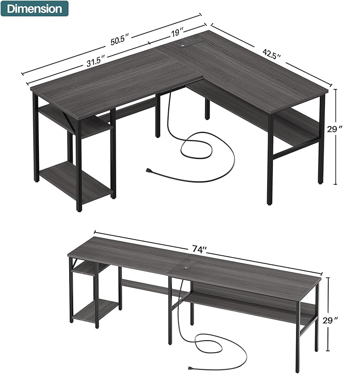 Unikito Reversible L Shaped Desk with Magic Power Outlets and USB Charging Ports, Sturdy Corner Computer Desk with Storage Shelves, Gaming Table Home Office Desk, Easy to Assemble, Enoch Walnut - Image 3