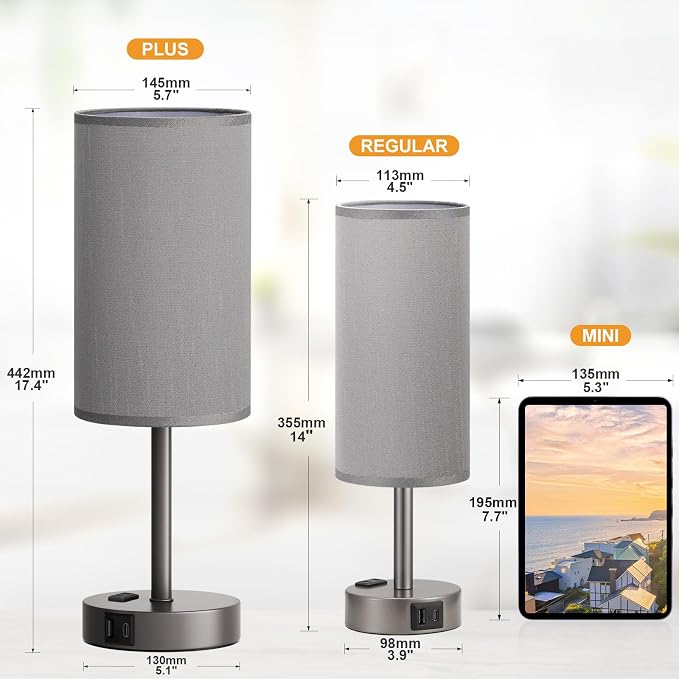 Fenmzee Grey Nightstand Bedroom Lamp - 3 Way Dimmable Bedside Lamp USB C A Charging Ports and AC Outlet, Small Table Lamp Linen Lampshade for Office Desk - Image 2