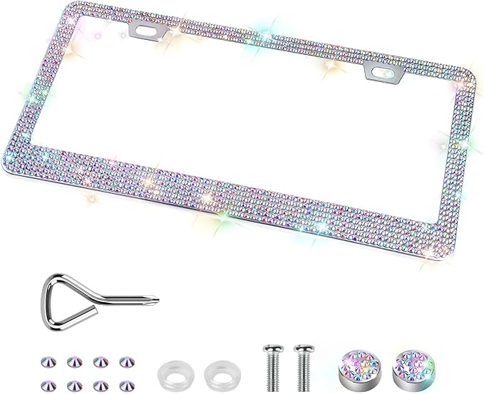QUANQIUFEI Bling License Plate Frames for Women, Sparkly Rhinestone Diamond Car Accessories with Glitter Crystal Caps (1 Pack Colorful) by QUANQIUFEI