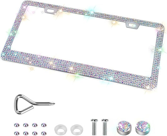 QUANQIUFEI Bling License Plate Frames for Women, Sparkly Rhinestone Diamond Car Accessories with Glitter Crystal Caps (1 Pack Colorful) by QUANQIUFEI