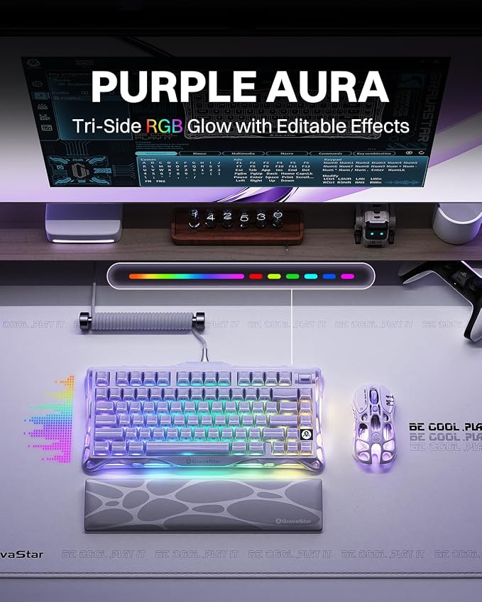 GravaStar Mercury K1 75% Wireless Mechanical Gaming Keyboard RGB Backlit | Gasket Mount, Hot Swappable Linear Switches, Creamy Sound Keyboard, 2.4GHz/USB-C/Bluetooth 5.0, for Win/Mac【Lavender Purple】 - Image 7