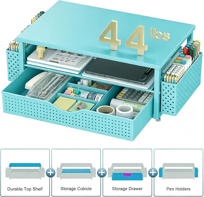 Spacrea Desk Organizer and Accessories, Computer Monitor Stand Riser with Drawer and 2 Pen Holders, Office Desk Accessories & Workspace Organizers for Office Supplies (Blue) - Image 4
