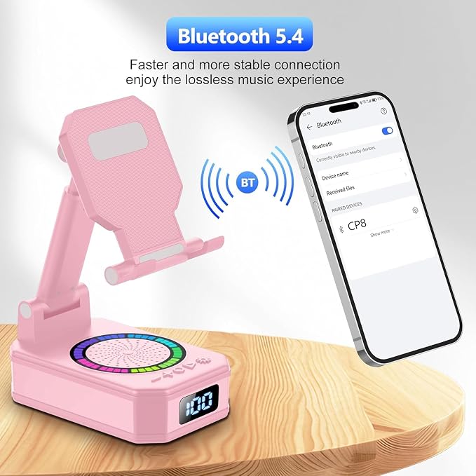 Gifts for Women, Phone Stand with Wireless Bluetooth Speaker and Anti-Slip Base, Gadgets for Anniversary Idea Gift, Phone Charger Stand with LED Lights, Kitchen Gadget Compatible with IOS Android - Image 2