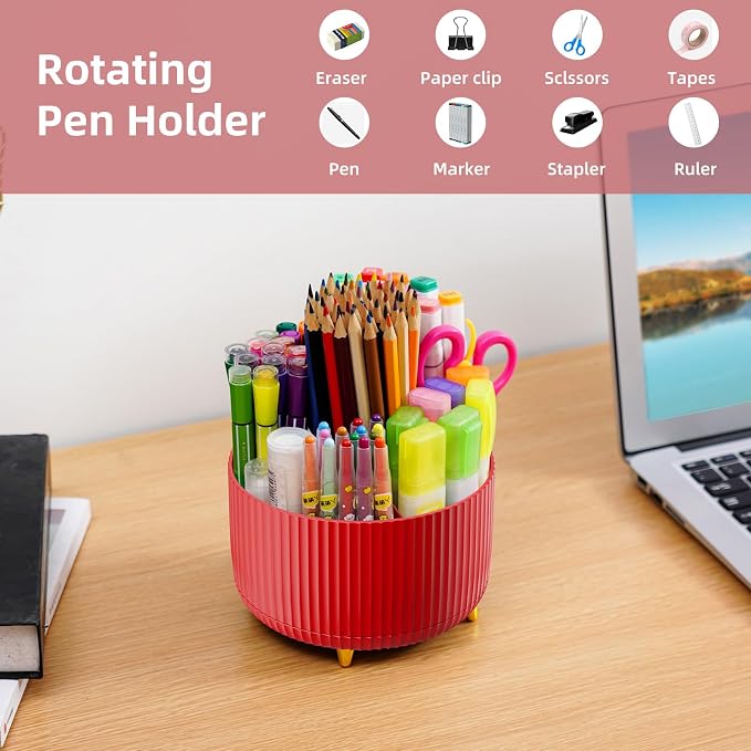 Marbrasse Desk Organizer, 360-Degree Rotating Pen Holder for Desk, Desk Organizers and Accessories with 5 Compartments Pencil Organizer, Art Supply Storage Box Caddy for Office, Home (Red) - Image 3